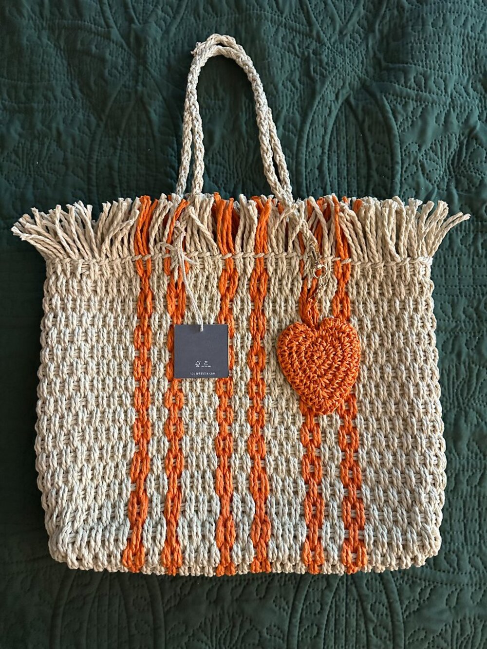 NWT Haute Hippie Large Woven Tote Bag // Macrame Fringe & Crochet Heart Charm